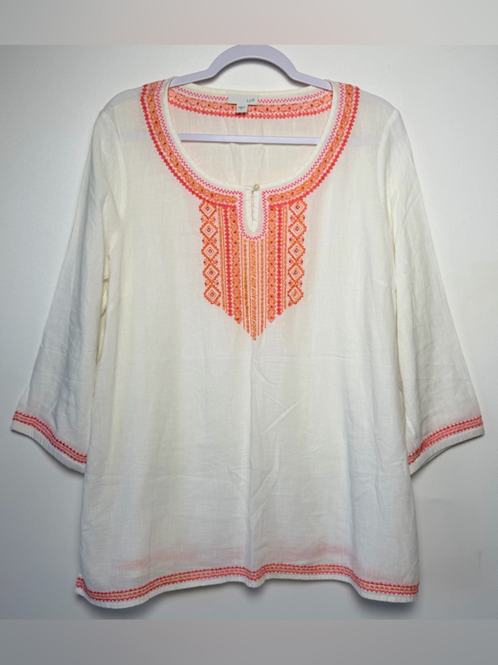 J. Jill Women's Linen Blend White Embroidered Peasant Top Blouse size L/XL Comfy